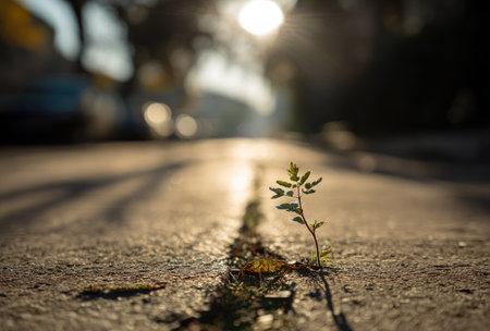 A close-up captures a tiny plant emerging from a crack in a paved road. The image displays a shallow depth of field, with the plant in sharp focus. Warm sunlight bathes the scene, highlighting the rough texture of the surface. This photo could be suitable for illustrating resilience or environmental themes.の素材