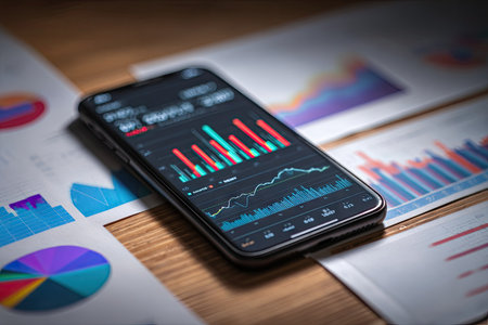 A smartphone showcases financial data analysis with colorful charts and graphs. The composition features a mobile device placed on a wooden surface with scattered documents. The scene's overhead lighting provides a sense of a workspace, suggesting potential use for business, finance, and informational materials.の素材