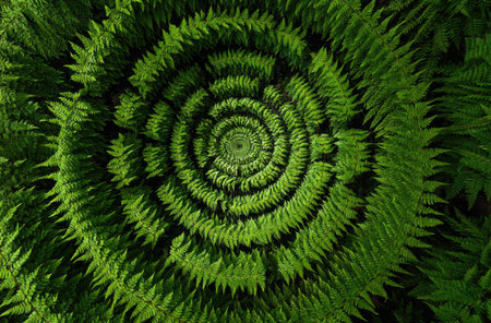 An overhead view reveals a detailed, spiraling pattern of fern fronds. The image showcases vibrant shades of green, with a rich texture and intricate details. The composition suggests a natural environment, possibly outdoors during daylight. Suitable for various design applications, this image could be used for illustrative or background purposes.の素材