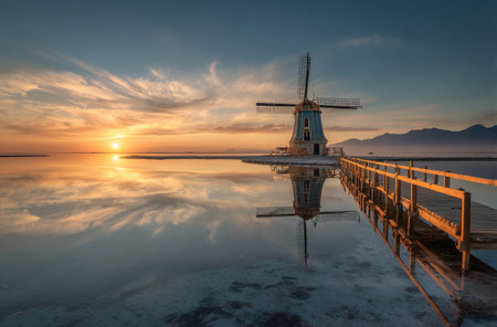 A picturesque landscape showcases a windmill on the water's edge at sunset. The image displays a clear reflection of the structure and sky in the still water. The composition highlights the colors of the setting sun, creating a peaceful and inspiring visual, suitable for various editorial and commercial applications.の素材