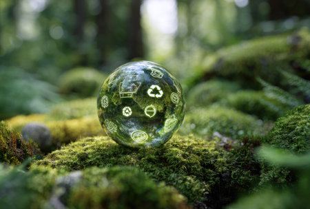A clear sphere, adorned with environmental icons, rests upon a vibrant bed of moss. The scene displays various shades of green, with selective focus. The composition suggests a natural environment bathed in soft, diffused light. This image could be suitable for illustrating ecological concepts or promoting sustainability initiatives.の素材
