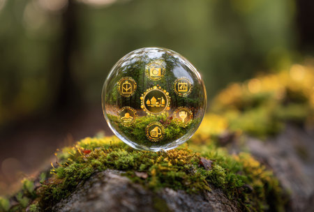 A clear sphere with golden icons rests on moss-covered ground, suggesting interconnected concepts. The image showcases soft textures and a shallow depth of field, with blurred green and yellow tones in the background. This composition is well-suited for conceptual illustrations and designs related to diverse fields.の素材