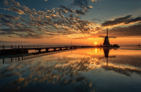 A picturesque landscape displays a traditional windmill silhouetted against a vibrant sunset. The composition features a calm body of water reflecting the sky's colors and clouds. The image captures a serene atmosphere with warm hues, suitable for various editorial and commercial applications. The scene appears to be outdoors.の素材