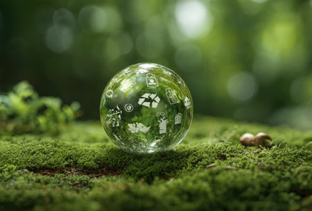A glass sphere displaying environmental icons rests on lush green moss, with a blurred green backdrop. The image showcases a sense of nature and sustainability, likely suitable for projects emphasizing eco-consciousness. The composition uses soft lighting and a shallow depth of field, emphasizing the globe. It can be used for various commercial or editorial applications.の素材