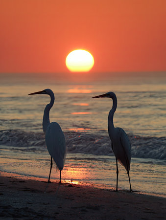Two elegant white egrets stand on a sandy beach, their forms dark against a vivid sunset. The sky displays hues of orange and red, reflecting on the water's surface. The scene captures a moment of natural beauty, suitable for editorial and commercial applications.の素材