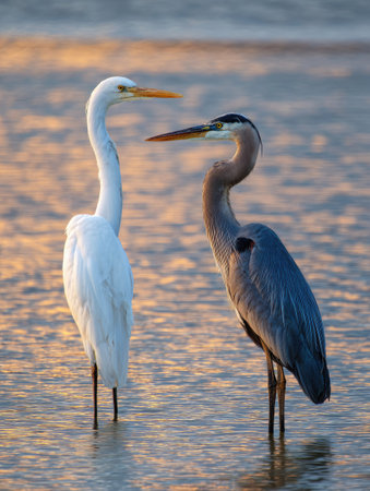Two herons, one white and one gray-blue, stand gracefully in calm water. The composition highlights the birds' elongated forms and curved necks. Warm, diffused light suggests a dawn or dusk setting. Suitable for nature documentaries, editorial content, or designs related to wildlife and the environment.の素材