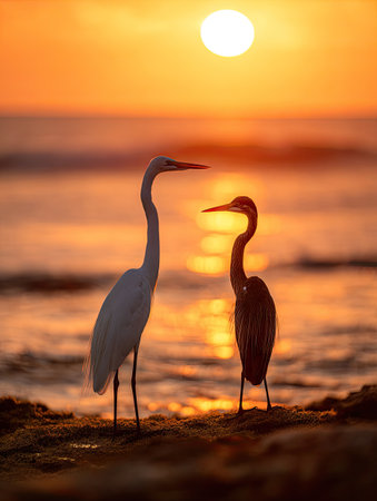 Two egrets stand silhouetted against a vibrant orange and yellow sunset. The birds are positioned on a shoreline with a blurred water background. The composition features strong backlighting, creating a dramatic and serene atmosphere suitable for various visual media applications.の素材