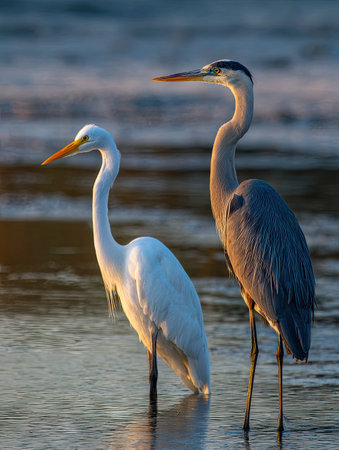 Two herons are shown, one white and one gray, standing in water under soft, natural lighting. The birds are captured in profile with their long necks and beaks. The composition emphasizes natural color and detail. Ideal for illustrating wildlife or representing nature-themed projects, suitable for various editorial or commercial applications.の素材