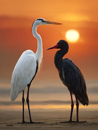 Two birds stand facing each other against a vibrant sunset. The composition features contrasting colors and textures, with one bird white and the other dark. The warm lighting creates a dramatic ambiance, suggesting a natural environment. Suitable for various editorial and commercial projects.の素材