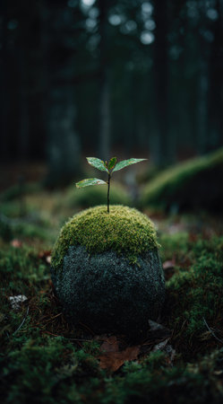 A close-up captures a small plant emerging from a moss-covered rock, set against a blurred forest backdrop. The image showcases natural textures and a muted color palette dominated by greens and browns. It could be used for various projects related to nature, growth, or environmental themes.の素材