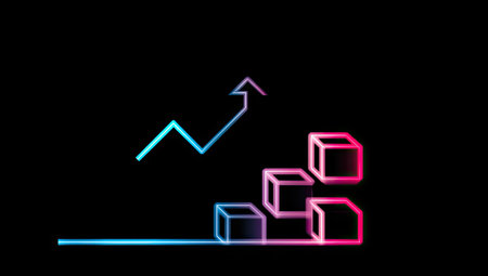 An abstract illustration depicts an upward trend using a series of neon cubes and a rising line. The design features a modern, digital aesthetic with a dark background. This graphic could be useful for commercial projects related to business, finance, or technology, offering visual representation of growth.の素材