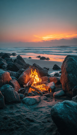 A bonfire blazes on a rocky beach, the flames casting a warm glow. The scene is bathed in the colors of sunset, with orange and gold hues dominating the sky. The ocean stretches out to the horizon. This image is suitable for various commercial or editorial uses.の素材