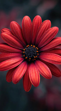 A striking close-up showcases a bright red flower with textured petals. The center features a dark, detailed texture. The composition uses a shallow depth of field, with a blurred background of varying tones. This image could be suitable for various commercial projects related to nature or design.の素材