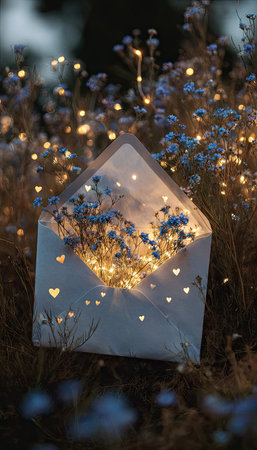 An open envelope displays a vibrant floral arrangement, softly illuminated by surrounding lights. The image showcases a shallow depth of field, with warm lighting against a blurred backdrop. This composition could be used in design projects, advertising campaigns, or artistic editorials to convey emotion.の素材