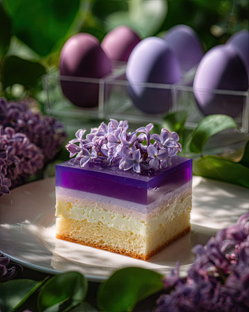 A visually appealing dessert features layers of cake and jelly, adorned with fresh lilac flowers. The composition includes purple eggs arranged behind the cake, bathed in soft lighting. The image exhibits a delicate style and offers versatile applications for editorial content and culinary presentations.の素材
