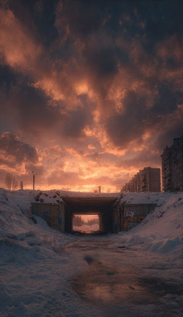 A stunning sunset bathes a winter landscape in warm hues, contrasting with cool blues. A tunnel-like structure is framed by snow, while silhouettes of buildings are visible. The composition evokes a sense of solitude. Suitable for various editorial and commercial projects.の素材