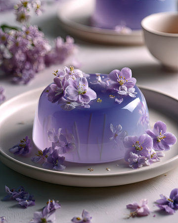 A close-up image showcases a vibrant purple dessert adorned with fresh flowers. The culinary creation sits on a white plate against a softly blurred background. The composition is bathed in soft lighting, highlighting textures. It may be suitable for food blogs, recipe demonstrations, or general content.の素材
