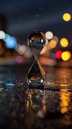 An hourglass with water droplets stands as a symbol of time. The reflective surface captures the city lights blurred in the background. The composition uses depth of field. This image is suitable for various editorial and commercial applications.の素材