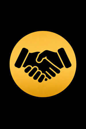 This graphic presents a handshake icon, symbolizing agreement and collaboration. It features a simple design with bold lines and a gold color on a dark backdrop. The composition is clean and focused, ideal for various applications. It might be suitable for business, marketing, or design projects, as well as editorial content.の素材