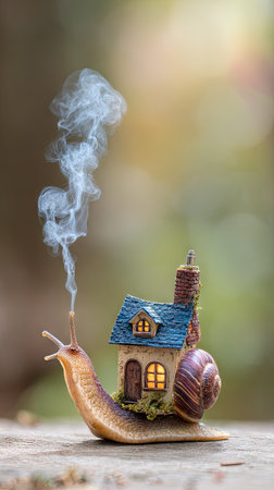 A whimsical image showcases a snail with a miniature house on its back, exhaling a plume of smoke. The scene features warm lighting and a shallow depth of field, highlighting the detail of the house and the snail. Suitable for creative projects, this image could be used for storytelling, advertising, and editorial purposes.の素材