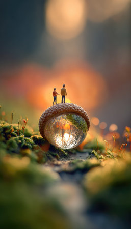 Two small figures are seen atop a detailed acorn-shaped object, possibly a crystal ball, set within a lush, green environment. The image features a shallow depth of field, with soft focus elements in the background, suggesting a natural outdoor setting with diffused lighting. Suitable for use in conceptual art or illustrations, potentially for editorial or marketing materials.の素材