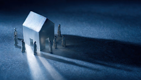 A small house model is surrounded by several miniature human figures. The composition displays long shadows suggesting artificial lighting. The metallic surfaces and neutral color palette hint at a conceptual theme. This visual could be used in design, advertising, and editorial projects.の素材
