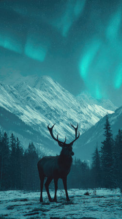 A silhouette of a stag stands prominently in a snowy landscape, framed by towering, snow-covered mountains. The sky is illuminated by the ethereal glow of the aurora borealis. The artwork uses cool tones creating a tranquil atmosphere, perfect for nature-themed projects or editorial content.の素材
