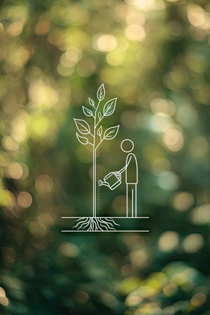 An illustration depicts a person watering a tree, set against a blurred background. The artwork features clean lines and a simple style. Colors include green and white, with soft focus creating depth. Suitable for various applications, including environmental themes and conceptual designs. It is suitable for commercial and editorial use.の素材