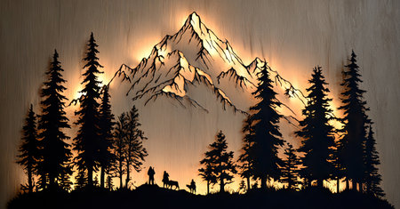 An artistic representation of mountains, trees, and figures is depicted in silhouette against a bright background. The composition features contrasting light and dark areas, suggesting an outdoor setting. This image could be suitable for various commercial or editorial applications such as wall art, illustrating travel or nature themes.の素材