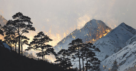 A scenic landscape features mountain silhouettes under a clouded sky, with trees in the foreground. The image displays a gradient of colors, and the composition uses sunlight effects. Suitable for editorial purposes and commercial designs needing a background.の素材