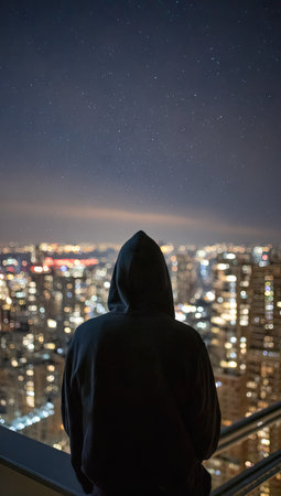 A person stands silhouetted against a cityscape under a night sky. The photograph shows a hooded figure overlooking a panorama of illuminated buildings. The color palette consists of dark tones contrasted with bright lights. This image could be suitable for various commercial or editorial applications.の素材
