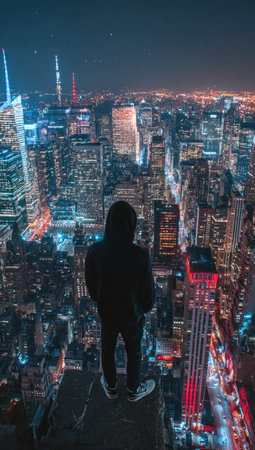 A person stands silhouetted, observing a vast cityscape at night. The image showcases numerous buildings illuminated by vibrant lights, creating a bright urban view. The composition features a high-angle perspective, emphasizing the depth and scale of the city. Suitable for various commercial uses, including editorial and promotional content.の素材