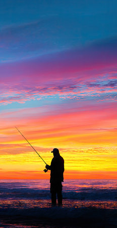 A silhouette of a person fishing is set against a vibrant sunset. The sky features bands of orange, pink, purple, and blue hues. The water reflects the colorful display. The image could be used for various purposes, including editorial content, advertising, and website design.の素材