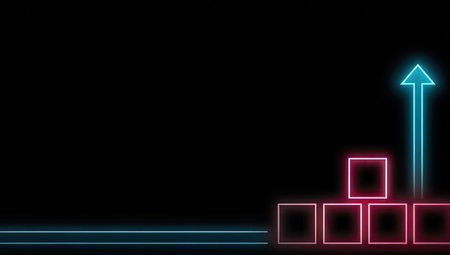 An illustration features a glowing neon arrow pointing upwards above stacked geometric blocks. The vibrant blue and pink neon elements contrast against a dark background, showcasing an abstract composition. This graphic may be suitable for various commercial or editorial applications.の素材