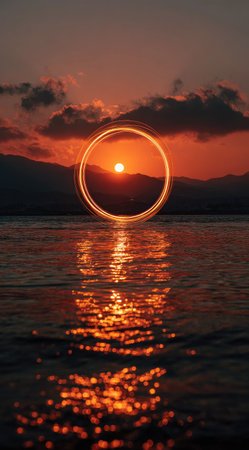 The image features a vivid sunset over calm water, with a glowing circular shape around the sun. The composition includes dark mountains, clouds, and reflections in the water. The color palette is dominated by oranges and dark blues, suggesting an outdoor scene that could be useful for various commercial or editorial projects.の素材