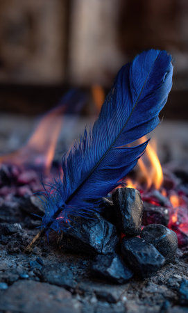 A close-up captures a bright blue feather resting upon dark rocks atop smoldering embers. The scene is illuminated by warm, flickering flames that blur in the background. This image conveys a sense of warmth and energy. Suitable for various projects needing visual interest or symbolic representation.の素材