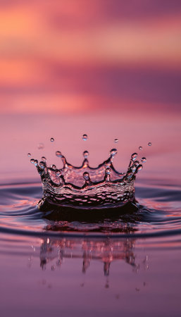 A water droplet forms a crown splash, captured against a colorful sunset. The image displays a smooth, reflective surface with a dynamic upward splash. The composition features rich pinks and oranges, suggesting an outdoor setting with dramatic lighting, suitable for various editorial and commercial applications.の素材