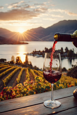 A bottle pours red wine into a glass, captured against a scenic landscape. The image showcases the flowing liquid's color and texture. Soft sunlight bathes the scene, highlighting the natural elements. This image is suited for various commercial projects related to beverages, lifestyle, or travel.の素材