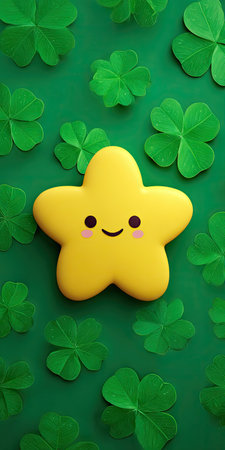 A cheerful yellow star character is positioned centrally, surrounded by green clover leaves against a green background. The image has a high-angle composition with soft lighting. This vibrant and playful illustration is suitable for various commercial uses, including advertisements and children's content.の素材