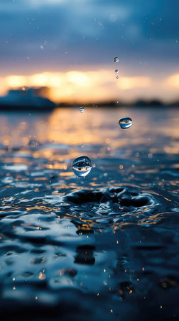 Captured in close-up, water droplets are suspended in mid-air above rippling water, reflecting a vibrant sunset. The image displays a play of light and shadow, with the main subject in sharp focus, while the background is softly blurred. This dynamic composition could be suitable for various editorial and commercial applications.の素材