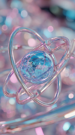 An artistic composition showcases a glass-like sphere at the core, embraced by curving metallic elements. The image exhibits a delicate palette of pastel hues with soft focus bokeh effects. Ideal for artistic projects, or visual backdrops. The rendering suggests a futuristic or conceptual theme for various applications.の素材