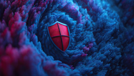 An artistic rendering features a vibrant red shield enveloped by dynamic, swirling blue and purple cloud formations. The composition uses soft lighting and a blurred background, suggesting a digital or conceptual artwork. It could be suitable for various uses, including marketing, design, and illustrative purposes.の素材