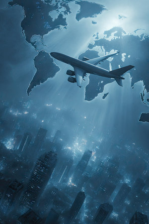 An airplane soars above a stylized map of the world and a cityscape. The composition features a gradient of blues. The image utilizes an overhead perspective, suggestive of travel or global connectivity. Suitable for various design applications, it could be used in editorial content or commercial projects.の素材