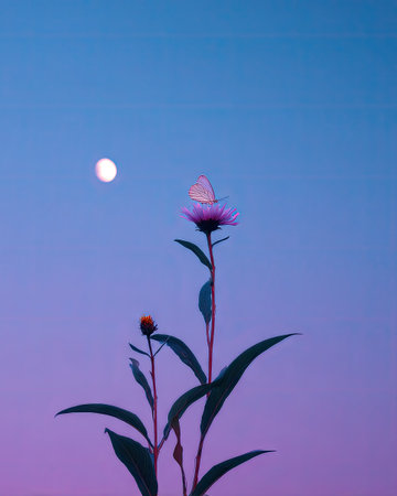 A butterfly rests on a vibrant flower, set against a gradient sky. The image showcases the beauty of nature, with colors of purple, blue, and a touch of yellow. This photograph has a serene and peaceful tone, suitable for various editorial and commercial applications.の素材