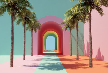 An artistic composition features a series of arches in vibrant colors with palm trees. The scene presents a graphic, aesthetic style, with bold colors and strong lighting. This image could be suitable for various design projects, marketing materials, or editorial uses. The scene is likely outdoors, featuring shadows.の素材