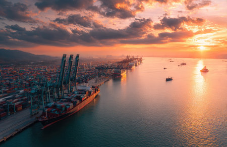 An aerial view captures a harbor scene bathed in warm sunset hues. Cargo ships are docked alongside the quay, with containers stacked along the docks. The image features soft lighting and reflections on the water. It could be suitable for illustrating logistics, trade, or global commerce.の素材