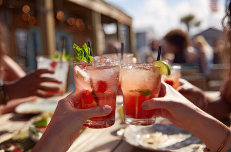 Several people hold up refreshing cocktails in a close-up shot on a sunny day. The drinks, garnished with mint and lime, are a vibrant red. The composition features a shallow depth of field, with soft sunlight creating a warm atmosphere. This image could be suitable for lifestyle, leisure, or celebratory themes.の素材