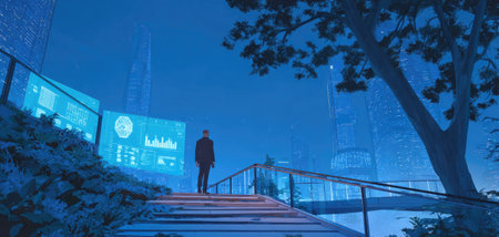 A person is shown walking up a set of stairs with a futuristic cityscape in the background. The scene is bathed in blue hues, creating a sense of wonder and advanced technology. The composition and lighting may be used to illustrate concepts related to innovation or urban development. Suitable for commercial or conceptual projects.の素材