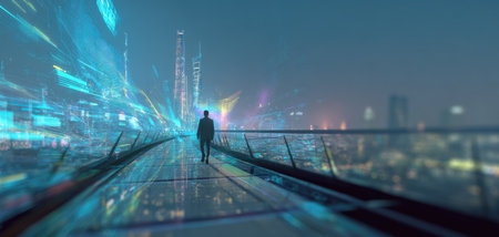 A silhouette of a person walks towards the viewer on a walkway, set against a backdrop of a city at night. The scene features vibrant blue and teal lighting effects suggesting digital communication. The overall composition offers potential use in presentations or promotional materials. The style suggests technological concepts.の素材