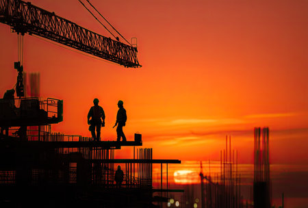 Two construction workers are silhouetted against a fiery sunset on a building site. The composition features a crane and partially built structures. The scene is bathed in warm orange and red hues. This image could be used for various commercial or editorial purposes.の素材
